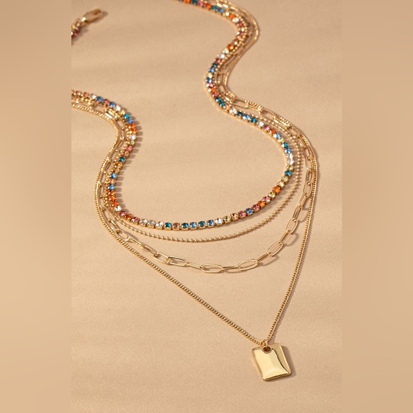 Layered mixed gold chain rhinestone necklace - Picture 3 of 4